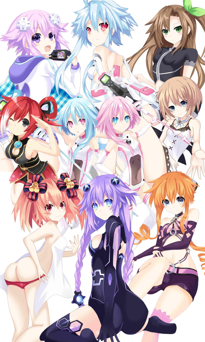 6+girls absurdres alyn_(fairy_fencer_f) ass blanc breasts choujigen_game_neptune choujigen_game_neptune_mk2 commentary_request covered_navel date_a_live drill_hair dual_persona fairy_fencer_f highres if_(choujigen_game_neptune) large_breasts multiple_girls naked_towel navel neptune_(choujigen_game_neptune) neptune_(series) one_eye_closed purple_heart ram_(choujigen_game_neptune) ramu-on@_shinon rom_(choujigen_game_neptune) shorts small_breasts symbol-shaped_pupils towel white_heart