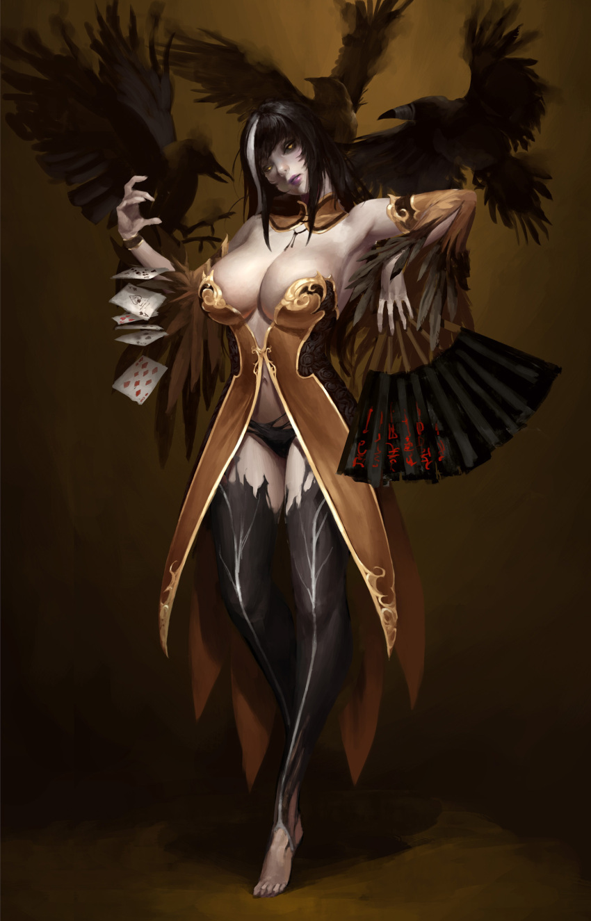 1girl absurdres bangku_an bird breasts card crow detached_collar detached_sleeves fan feather_trim full_body head_tilt highres huge_breasts lipstick looking_to_the_side makeup multicolored_hair pale_skin parted_lips solo thigh-highs two-tone_hair wide_sleeves yellow_eyes