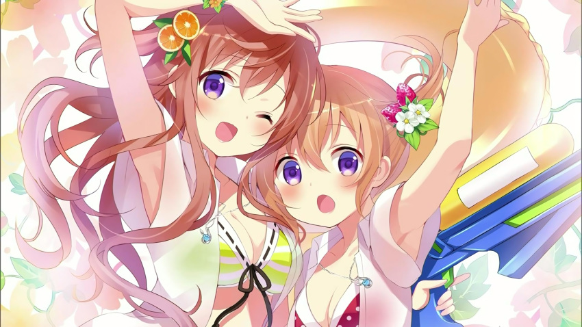 2girls :o ;d arm_around_back arm_up armpits bikini_top blue_eyes breasts brown_hair cleavage end_card flower food front-tie_top fruit gochuumon_wa_usagi_desu_ka? hair_flower hair_ornament highres hoto_cocoa hoto_mocha innertube jewelry lace long_hair multiple_girls necklace one_eye_closed open_mouth orange smile strawberry swimsuit violet_eyes water_gun wristband