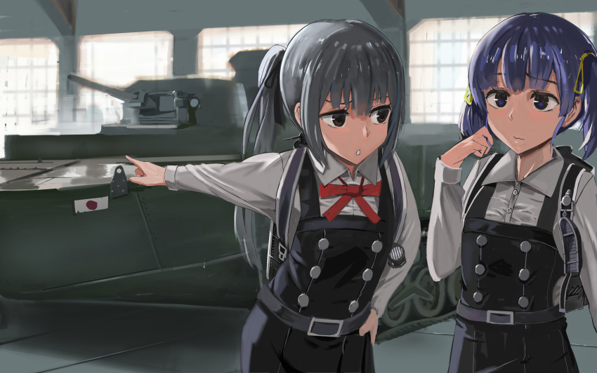 2girls absurdres bangs belt brown_eyes buttons closed_mouth commentary_request cowboy_shot grey_hair hair_ornament hand_on_hip highres japanese_flag jumper kantai_collection kasumi_(kantai_collection) long_hair long_sleeves military military_vehicle multiple_girls ooshio_(kantai_collection) outstretched_arm pointing ponytail purple_hair red_ribbon remodel_(kantai_collection) ribbon shirt short_hair short_twintails special_type_2_launch_ka-mi ssamjang_(misosan) tank twintails vehicle violet_eyes wavy_mouth white_shirt