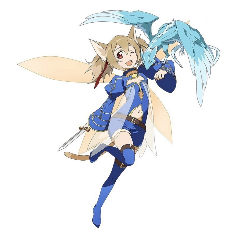 1girl alternate_costume animal_ears blue_legwear blue_shorts brown_eyes brown_hair cat_ears cat_tail highres holding holding_weapon long_hair navel official_art one_eye_closed open_mouth pina pina_(sao) see-through silica silica_(sao-alo) simple_background smile solo sword_art_online sword_art_online:_code_register tail thigh-highs twintails white_background wings