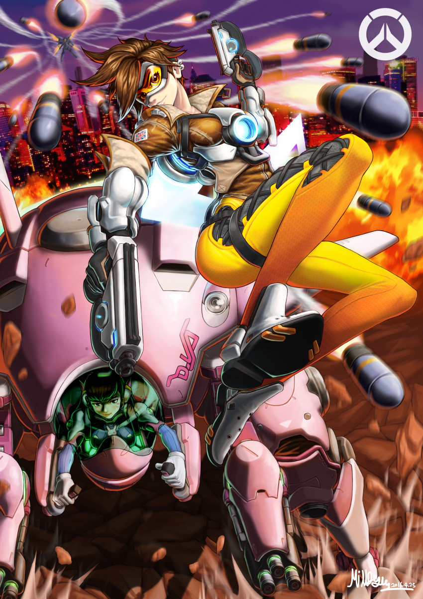 3girls absurdres black_hair bodysuit boots brown_hair cityscape d.va_(overwatch) facial_mark gloves goggles gun highres jacket looking_at_viewer mecha milldoghoo motion_blur multiple_girls overwatch parted_lips pharah_(overwatch) rocket short_hair tracer_(overwatch) union_jack weapon