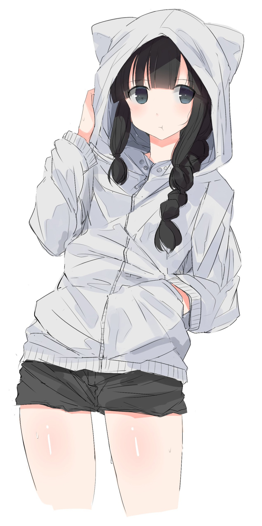 1girl absurdres animal_hood bangs black_hair blunt_bangs braid cat_hood commentary_request grey_eyes hand_in_pocket hand_on_headwear highres hood hood_up hoodie kantai_collection kitakami_(kantai_collection) looking_to_the_side nao_(qqqbb) pout shorts sidelocks solo wet