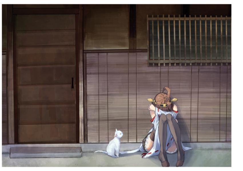 1girl against_wall ahoge boots brown_hair cat covering_face detached_sleeves door hairband hand_on_own_shoulder head_down kantai_collection knees_together_feet_apart kongou_(kantai_collection) konkito looking_at_another nontraditional_miko on_ground ribbon-trimmed_sleeves ribbon_trim sitting skirt thigh-highs thigh_boots window