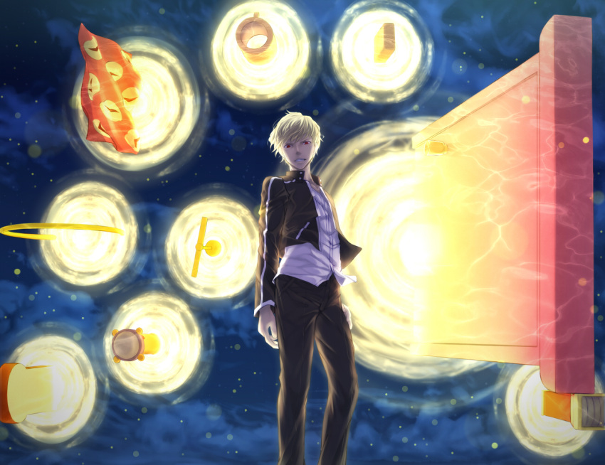 1boy black_jacket black_pants blonde_hair check_translation commentary crossover doraemon fate/stay_night fate_(series) gate_of_babylon gilgamesh glowing grin jacket katoroku light_particles looking_at_viewer male_focus pants parody red_eyes shirt short_hair smile solo standing translation_request white_shirt