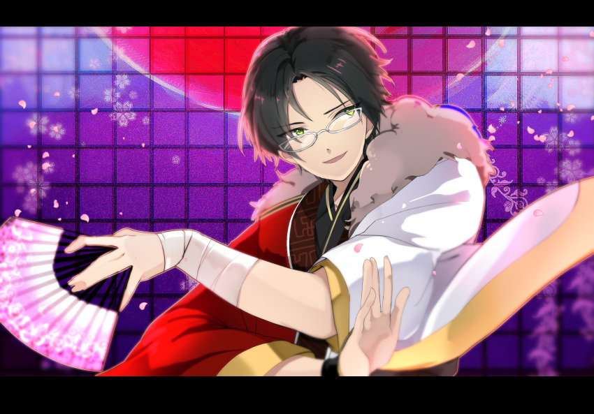 +hasumi_keito 1boy bandaged_arm ensemble_stars! fan glasses hasumi_keito highres iien letterboxed looking_to_the_side male_focus paper_fan sayagata