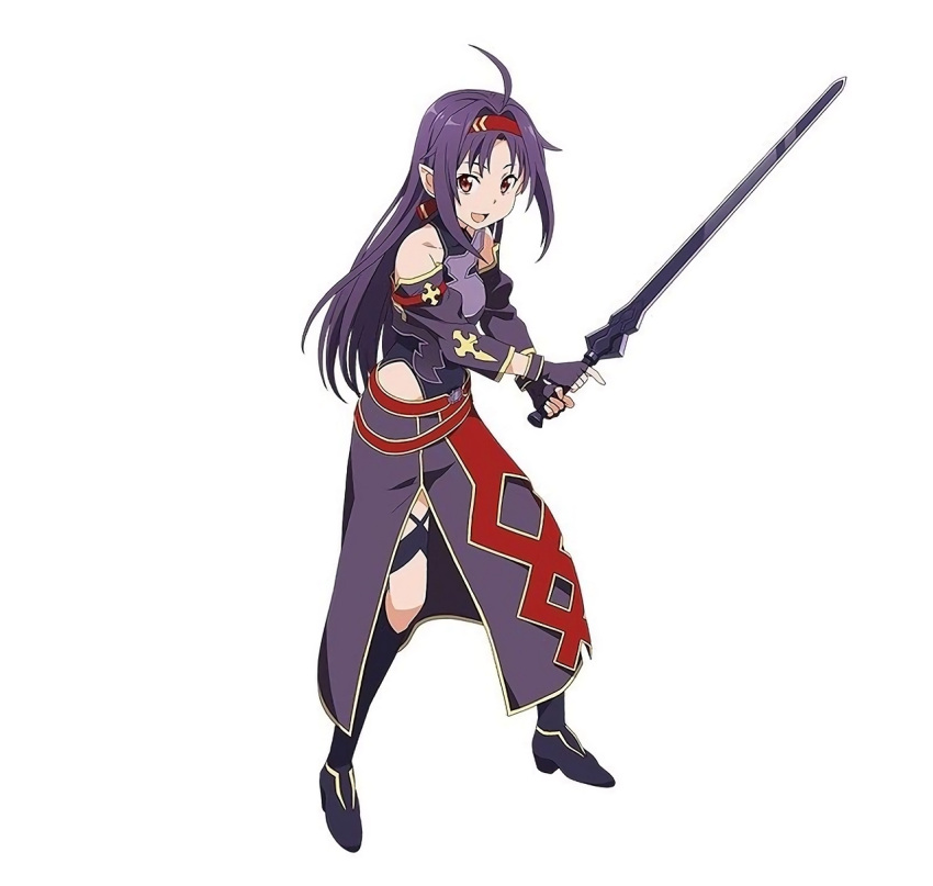 1girl ahoge black_gloves black_legwear breastplate fingerless_gloves gloves hair_ribbon highres holding holding_sword holding_weapon long_hair looking_at_viewer official_art open_mouth pointy_ears purple_hair red_ribbon ribbon simple_background smile solo sword sword_art_online sword_art_online:_code_register violet_eyes weapon white_background yuuki_(sao)