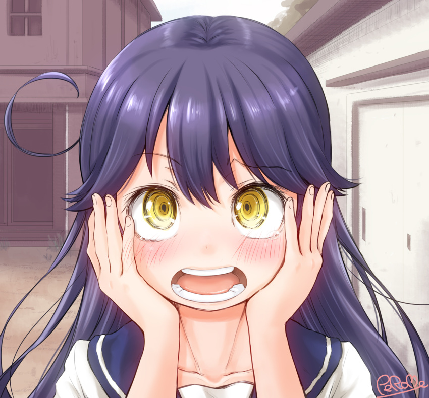 1girl bangs blush commentary_request face hands_on_own_cheeks hands_on_own_face highres kantai_collection long_hair open_mouth purple_hair school_uniform serafuku solo swept_bangs tamanoi_peromekuri upper_body ushio_(kantai_collection) yellow_eyes