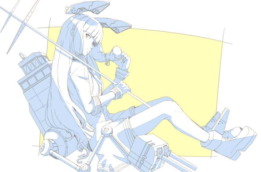 1girl ankle_boots bangs bare_legs blunt_bangs boots cannon closed_mouth expressionless from_side full_body gloves hair_ribbon headgear holding_staff kantai_collection knees_up lineart long_hair looking_at_viewer looking_to_the_side machinery monochrome murakumo_(kantai_collection) ninimo_nimo playing_with_own_hair ribbon shirt short_sleeves sidelocks simple_background sitting solo staff turret very_long_hair white_border yellow_background