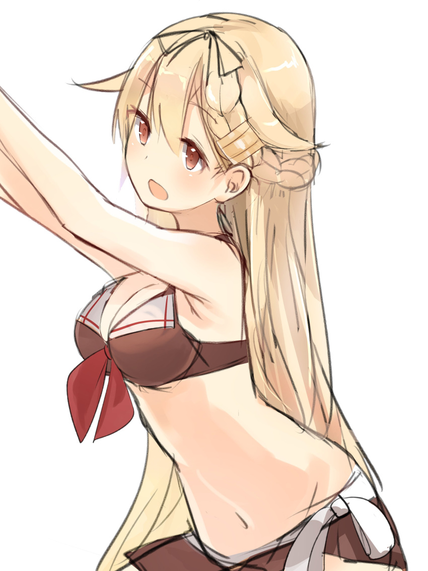 1girl absurdres armpits arms_up bangs bare_shoulders bikini black_ribbon blonde_hair blush breasts brown_eyes brown_skirt cleavage cowboy_shot eyebrows eyebrows_visible_through_hair from_side front-tie_top hair_between_eyes hair_flaps hair_ribbon highres kantai_collection long_hair looking_to_the_side medium_breasts natsu_(sinker8c) navel open_mouth pleated_skirt remodel_(kantai_collection) ribbon simple_background skirt solo stomach swimsuit very_long_hair white_background yuudachi_(kantai_collection)
