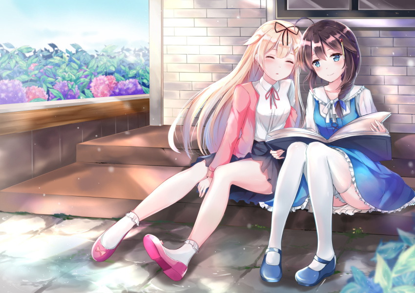 2girls :o ahoge alternate_costume bangs bare_legs between_legs black_skirt blonde_hair blue_dress blue_eyes blue_shoes blurry blush book bow braid brick_wall cardigan closed_eyes closed_mouth collared_shirt cross-laced_clothes depth_of_field dress dress_shirt frilled_dress frills full_body garden glass grass hair_flaps hair_ornament hair_ribbon hand_between_legs holding holding_book jumper kantai_collection leaf leaning_to_the_side light_particles long_hair long_sleeves looking_at_another mary_janes multiple_girls neck_ribbon off_shoulder open_book open_cardigan open_clothes outdoors pavement pink_shoes plant red_ribbon remodel_(kantai_collection) ribbon shade shigure_(kantai_collection) shirt shoes single_braid sitting sitting_on_stairs skirt sky sleeping smile socks stairs tailam thigh-highs upskirt white_legwear white_ribbon white_shirt window yuudachi_(kantai_collection)