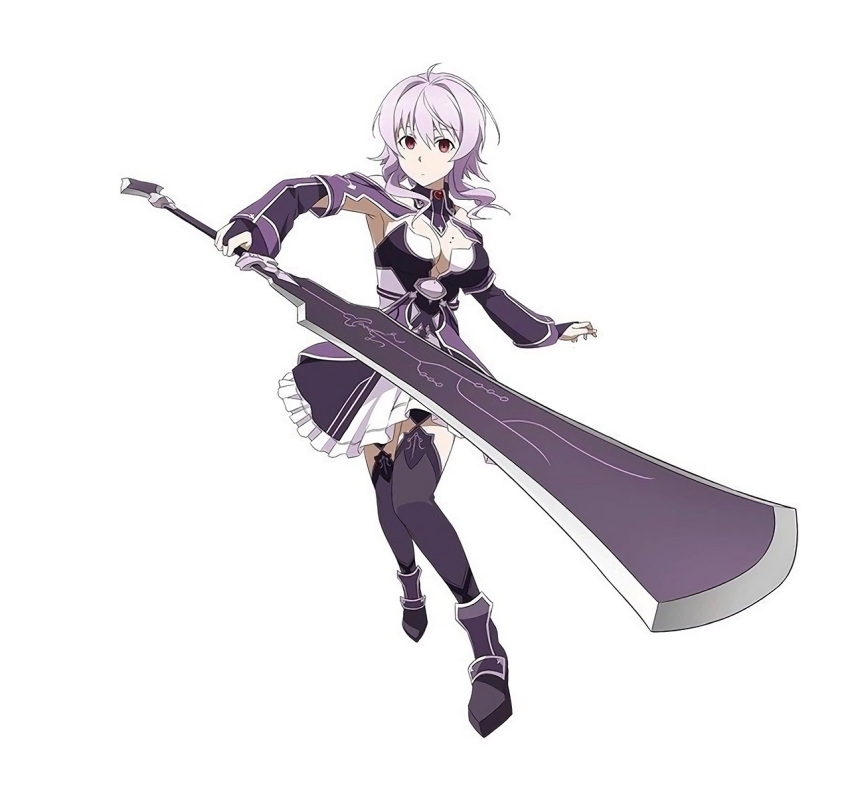 1girl armpits black_legwear breasts cleavage collarbone detached_sleeves garter_straps highres holding holding_sword holding_weapon mole mole_on_breast official_art purple_hair simple_background solo strea sword sword_art_online sword_art_online:_code_register thigh-highs violet_eyes weapon white_background