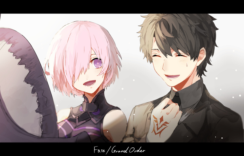 1boy 1girl :d adjusting_necktie black_hair black_necktie black_shirt black_suit closed_eyes command_spell fate/grand_order fate_(series) formal hair_over_one_eye highres looking_at_another male_protagonist_(fate/grand_order) necktie open_mouth purple_hair shield shielder_(fate/grand_order) shielder_(fate/grand_order)_(cosplay) shirt short_hair simple_background sleeveless smile suit sweatdrop vegg violet_eyes