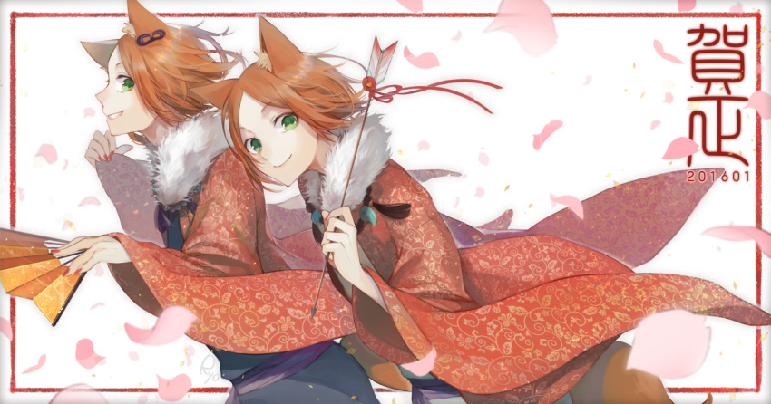 2016 alternate_costume animal_ears aoi_hinata aoi_yuuta arrow brothers ensemble_stars! fan folding_fan fox_ears fur_trim highres japanese_clothes kemonomimi_mode kimono male_focus nail_polish orange_hair ryou_(kaleidoscope) siblings twins