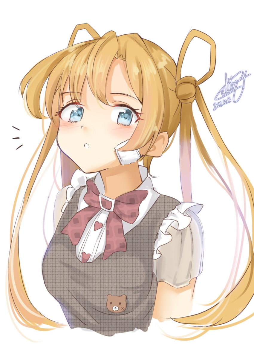 1girl ^^^ abukuma_(kancolle) alternate_costume bandaid bandaid_on_face bangs bear_pin blonde_hair blue_eyes bow cropped_torso dated double_bun frilled_blouse hair_between_eyes hair_rings highres kantai_collection long_hair looking_at_viewer one-hour_drawing_challenge pen_chou plaid plaid_bow red_bow short_sleeves signature simple_background solo white_background
