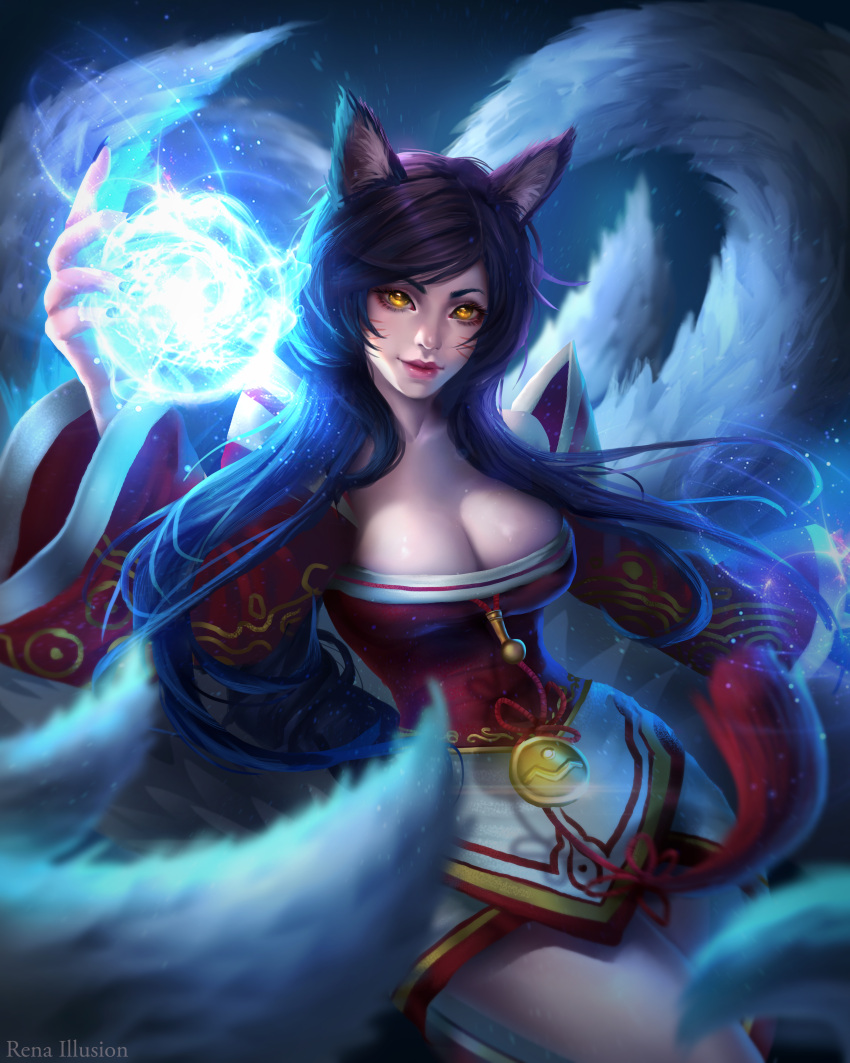 1girl absurdres ahri animal_ears artist_name bare_shoulders black_hair black_nails breasts cleavage commentary cowboy_shot detached_sleeves energy_ball facial_mark fingernails foreshortening fox_ears fox_tail glowing highres korean_clothes large_breasts league_of_legends lips long_hair looking_at_viewer multiple_tails nail_polish nose parted_lips rena_illusion shiny shiny_skin signature solo tail watermark whisker_markings yellow_eyes