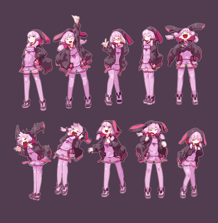 1girl :d ^_^ adjusting_glasses animal_ears animal_hood arm_at_side arm_up arms_at_sides bangs belt bespectacled black_eyes blush_stickers bunny_hood character_sheet clenched_hand closed_eyes closed_mouth contrapposto covering_ears criss-cross_halter crossed_arms dress eyebrows eyebrows_visible_through_hair fake_animal_ears fingers_together flat_chest glasses hair_ornament halter_top halterneck hand_on_hip highres hood hooded_jacket index_finger_raised jacket knees_together_feet_apart leaning_back leaning_forward legs_together long_sleeves looking_up mossgreen multiple_views open_mouth outstretched_arm own_hands_together purple_dress purple_hair purple_legwear rabbit_ears red-framed_glasses ribbon shoes short_hair_with_long_locks shouting simple_background smile standing sweat tears thigh-highs violet_eyes vocaloid voiceroid wavy_mouth yuzuki_yukari