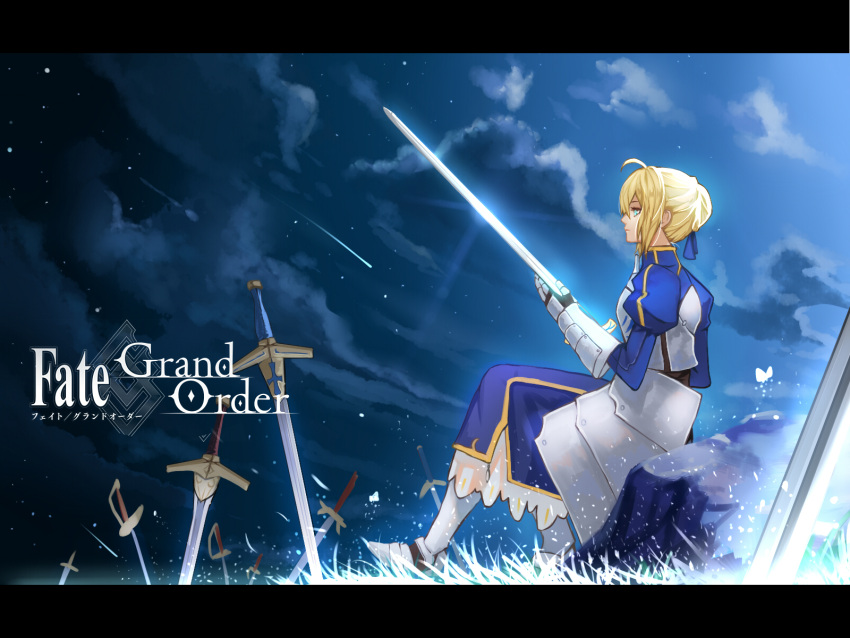 1girl ahoge armor armored_boots armored_dress blonde_hair boots clouds comet dress excalibur fate/grand_order fate/stay_night fate_(series) gauntlets glowing glowing_weapon green_eyes hair_ribbon highres holding holding_sword holding_weapon light_particles logo mizu_(dl7613) multiple_swords night ribbon saber sitting sitting_on_object sky solo star_(sky) starry_sky sword weapon