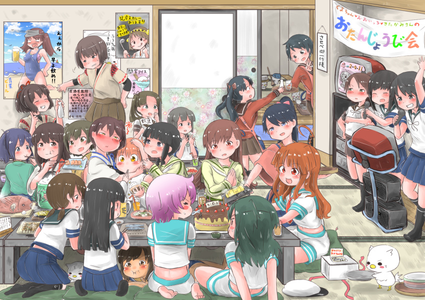 akagi_(kantai_collection) apron ayanami_(kantai_collection) barefoot black_hair black_legwear blush_stickers breast_padding brown_eyes brown_hair cake character_request chopsticks commentary_request fish food fubuki_(kantai_collection) green_hair hands_together hat hat_removed hatsuharu_(kantai_collection) hatsuyuki_(kantai_collection) headwear_removed hiei_(kantai_collection) highres hiromochi_jin hiryuu_(kantai_collection) holding houshou_(kantai_collection) hyuuga_(kantai_collection) i-401_(kantai_collection) ice_cream ise_(kantai_collection) kaga_(kantai_collection) kantai_collection kiso_(kantai_collection) kitakami_(kantai_collection) kneehighs kuma_(kantai_collection) long_hair mikuma_(kantai_collection) miyuki_(kantai_collection) mogami_(kantai_collection) multiple_girls one-piece_swimsuit ooi_(kantai_collection) pleated_skirt poster purple_hair red_eyes rice ryuujou_(kantai_collection) school_uniform seiza serafuku shirayuki_(kantai_collection) short_hair short_ponytail shota_admiral_(kantai_collection) sitting skirt smile souryuu_(kantai_collection) swimsuit tama_(kantai_collection) translation_request twintails
