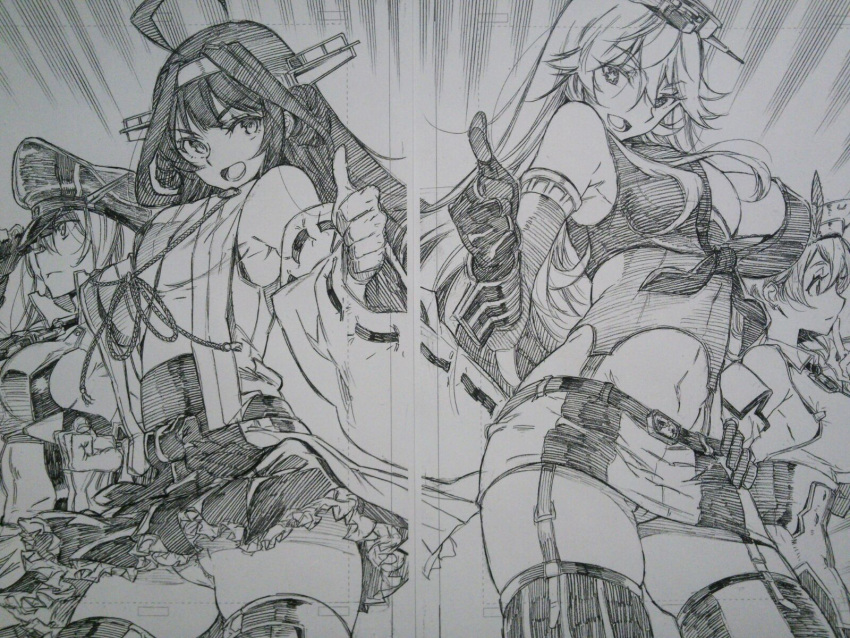 +_+ 4girls :d ahoge bismarck_(kantai_collection) breasts detached_sleeves double_bun garter_straps gloves greyscale hat headgear highres iowa_(kantai_collection) kantai_collection kojima_takeshi kongou_(kantai_collection) large_breasts littorio_(kantai_collection) long_hair looking_at_viewer military_hat miniskirt monochrome multiple_girls navel nontraditional_miko open_mouth panties pantyshot pantyshot_(standing) remodel_(kantai_collection) sideboob skirt smile standing teeth thigh-highs thumbs_up trait_connection underwear