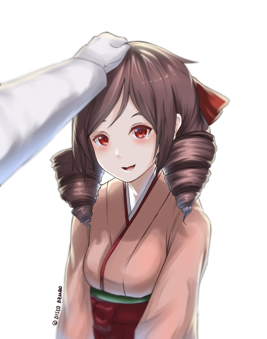 1girl blush brown_hair disco_brando drill_hair hand_on_another's_head harukaze_(kantai_collection) highres kantai_collection looking_at_viewer open_mouth petting pov pov_hands red_eyes smile solo_focus twin_drills