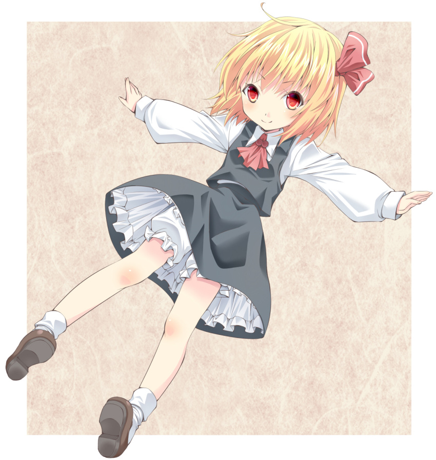 &gt;:) 1girl blonde_hair bloomers frilled_skirt frills highres komiru outstretched_arms red_eyes rumia shirt skirt smile solo spread_arms touhou underwear upskirt vest