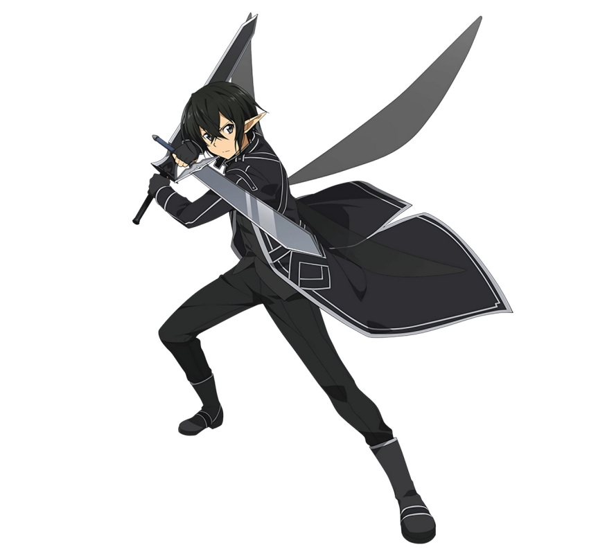 1boy black_clothes black_eyes black_gloves black_hair dual_wielding fingerless_gloves gloves highres holding holding_sword holding_weapon kuro_(sao) official_art pointy_ears short_hair simple_background solo sword sword_art_online sword_art_online:_code_register weapon white_background wings