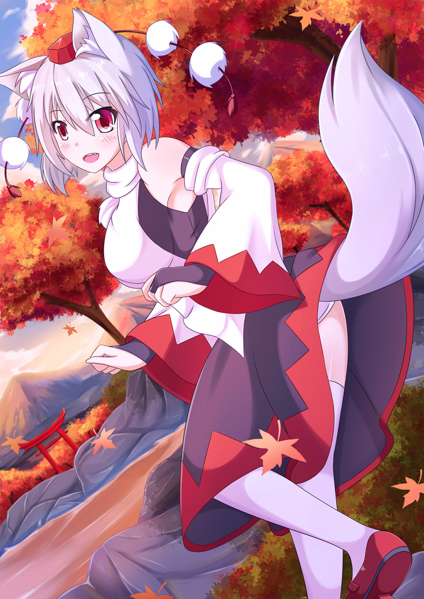 1girl animal_ears autumn_leaves bare_shoulders breasts commentary detached_sleeves geta hat highres inubashiri_momiji large_breasts leaf looking_at_viewer looking_back nugi_(armenci) open_mouth panties pom_pom_(clothes) red_eyes short_hair silver_hair skirt skirt_lift solo tail tokin_hat touhou underwear white_panties wide_sleeves wolf_ears wolf_tail