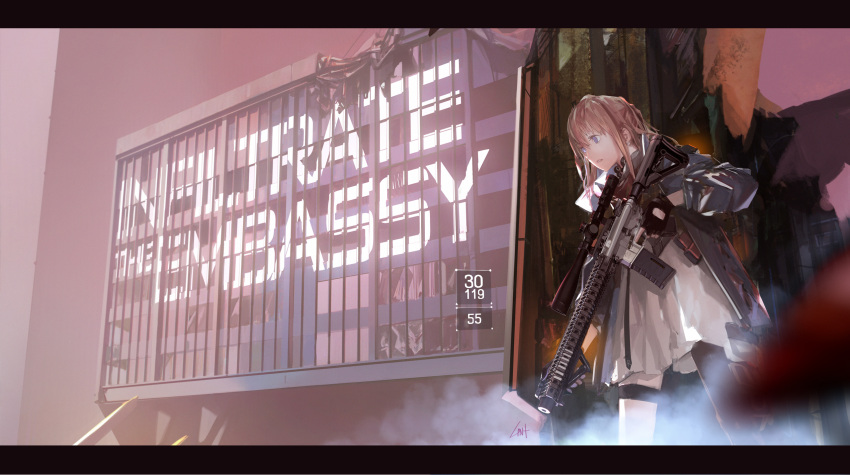 1girl ar-15 artist_name assault_rifle asymmetrical_legwear bangs black_gloves black_legwear blue_eyes blurry brown_hair character_request container depth_of_field dress fingerless_gloves girls_frontline gloves gun hiding highres holding holding_gun holding_weapon jacket letterboxed lin+ long_hair long_sleeves number outdoors parted_lips rifle signature smoke solo standing thigh_strap tom_clancy's_the_division trigger_discipline weapon weapon_request white_dress