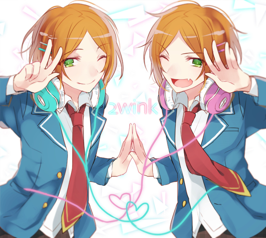 2boys ;) aoi_hinata aoi_yuuta brothers ensemble_stars! fang green_eyes hands_together headphones heart highres jacket looking_at_viewer male_focus multiple_boys necktie one_eye_closed open_clothes open_jacket orange_hair red_necktie school_uniform siblings smile twins yakusuke