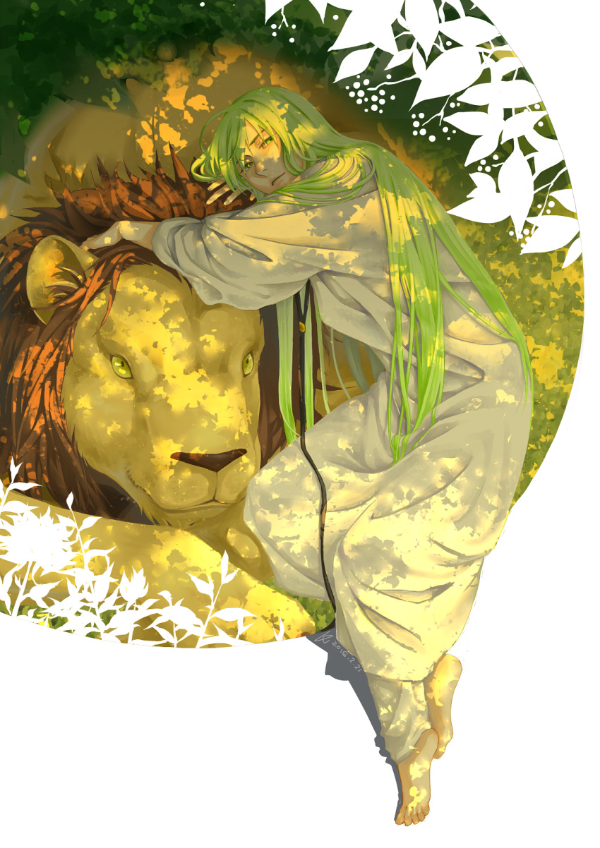 1boy enkidu_(fate/strange_fake) fate/strange_fake fate_(series) floral_background green_eyes green_hair highres lion long_hair long_sleeves lying on_side robe solo tree_shade yu_(jhyu0418)