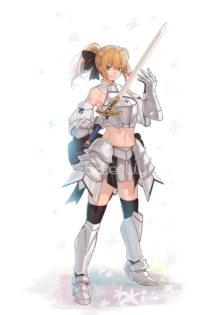 1girl armor armored_dress bare_shoulders black_legwear blonde_hair boots bow caliburn detached_collar detached_sleeves fate/stay_night fate/unlimited_codes fate_(series) floral_background gauntlets green_eyes hair_bow highres holding holding_sword holding_weapon knee_boots looking_at_viewer mizu_(dl7613) navel ponytail raised_hand saber saber_lily skirt smile solo standing sword thigh-highs weapon white_background zettai_ryouiki