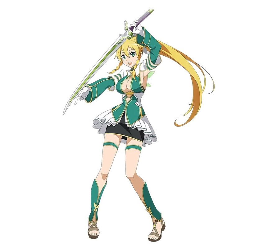 1girl armpits blonde_hair breasts cleavage gloves greaves green_eyes highres holding holding_sword holding_weapon leafa long_hair official_art open_mouth ponytail sandals simple_background solo sword sword_art_online sword_art_online:_code_register weapon white_background white_gloves