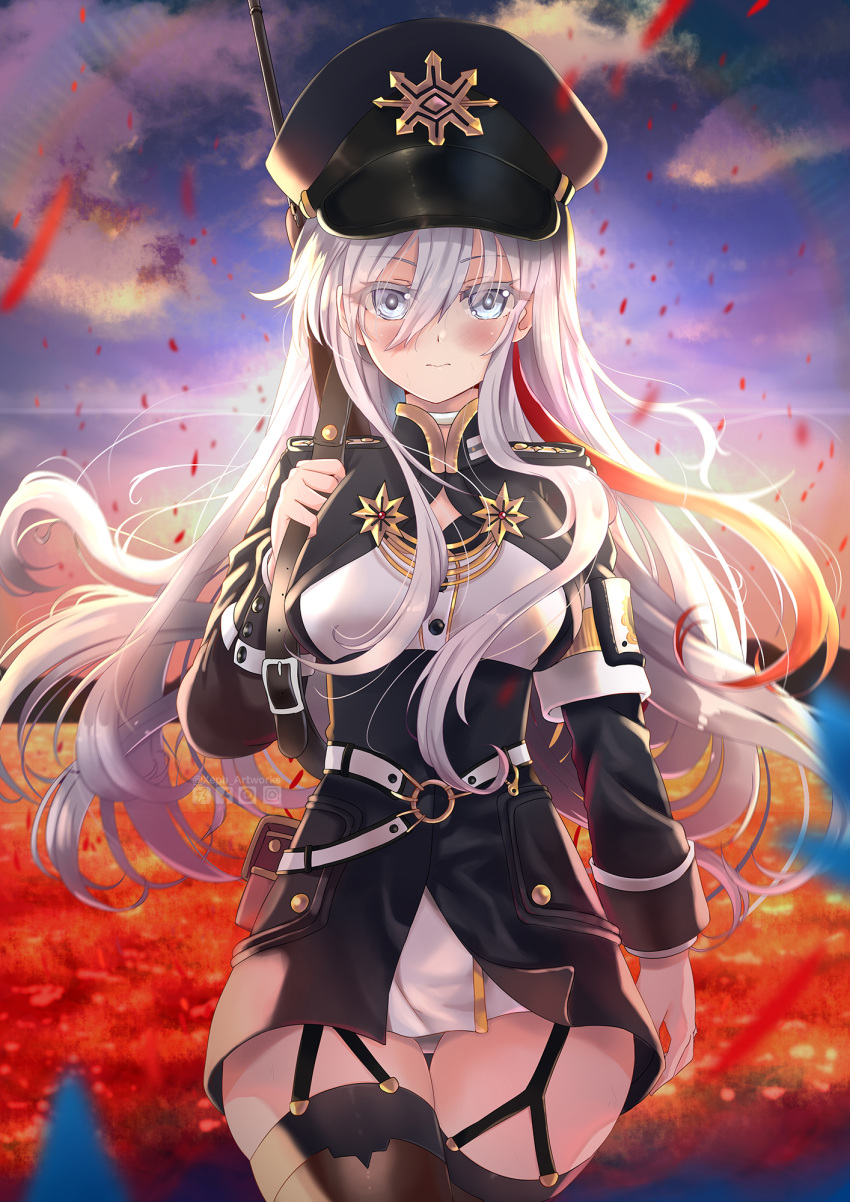 1girl 86_-eightysix- bangs black_headwear black_jacket black_skirt blush breasts brown_legwear closed_mouth clouds colored_eyelashes commentary_request cropped_jacket eyebrows_visible_through_hair garter_straps grey_eyes gun hair_between_eyes hand_up hat high-waist_skirt highres holding_strap jacket long_hair long_sleeves medium_breasts outdoors peaked_cap petals shirt silver_hair skirt sky solo sunset thigh-highs very_long_hair vladilena_millize weapon weapon_request white_shirt xephonia