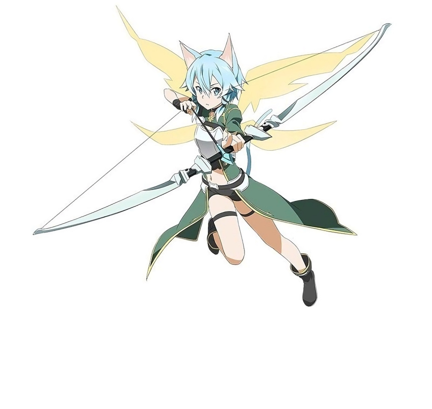 1girl animal_ears arrow black_shorts blue_eyes blue_hair bow_(weapon) breastplate cat_ears cat_tail highres holding holding_weapon official_art shinon_(sao) shinon_(sao-alo) short_shorts shorts simple_background solo sword_art_online sword_art_online:_code_register tail weapon white_background wings