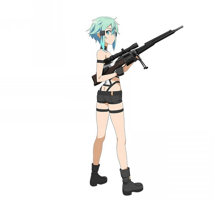 1girl ass bipod black_shorts blue_eyes blue_hair collar gun hair_ornament highres holding holding_gun holding_weapon looking_at_viewer looking_back official_art rifle scope shinon_(sao) short_hair short_shorts shorts simple_background sniper_rifle solo sword_art_online sword_art_online:_code_register weapon white_background