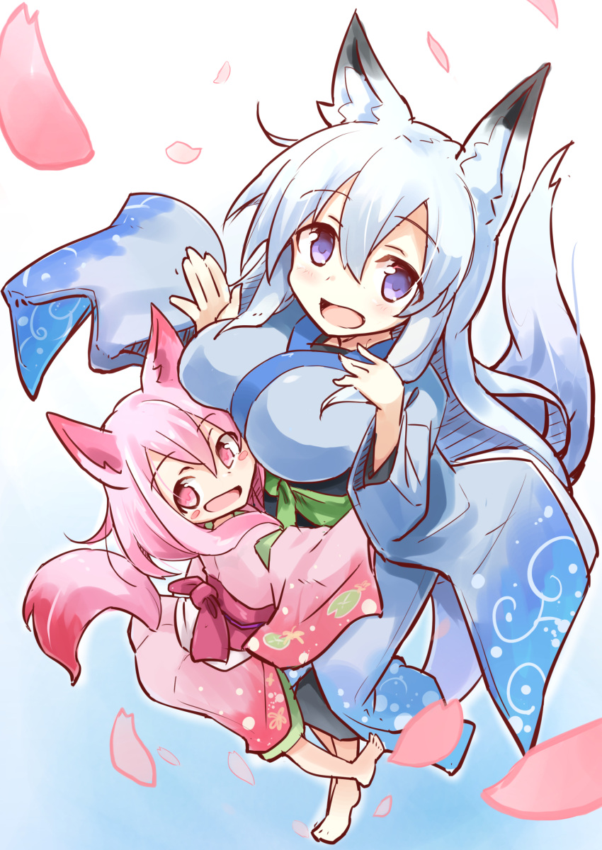 2girls absurdres animal_ears barefoot blush breasts commentary_request fox_ears highres hug japanese_clothes kimono large_breasts long_hair looking_at_viewer multiple_girls obi open_mouth original pink_eyes pink_hair sash senhappyaku silver_hair smile violet_eyes