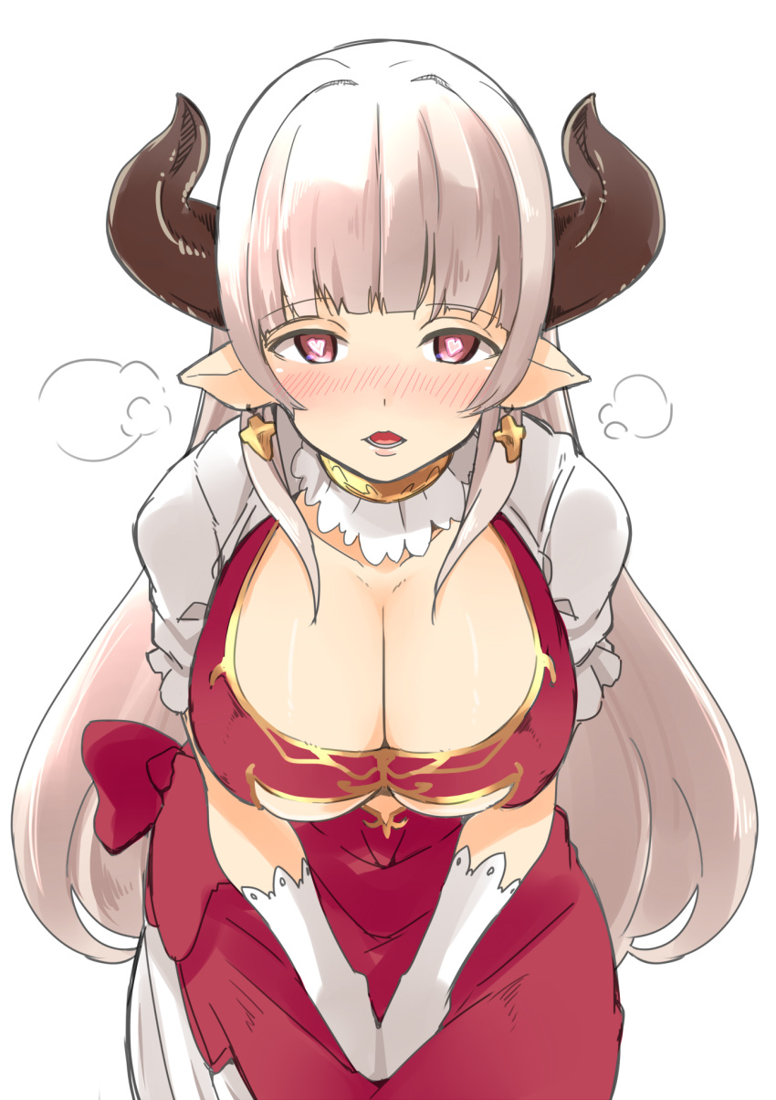 1girl alicia_(granblue_fantasy) blush breasts cleavage dress gloves granblue_fantasy heart heart-shaped_pupils heavy_breathing highres horns large_breasts long_hair looking_at_viewer manabebebe open_mouth pointy_ears red_eyes silver_hair simple_background solo symbol-shaped_pupils v_arms white_background white_gloves