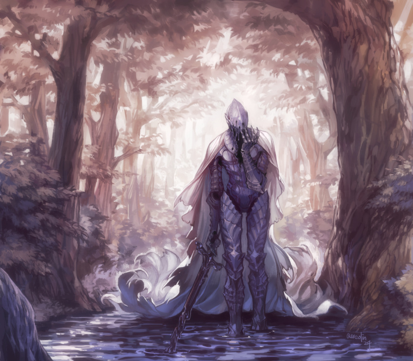 1boy armor artist_name aureolin31 fantasy forest full_armor gauntlets helmet highres holding holding_sword holding_weapon knight male_focus nature original outdoors sad signature solo sword tree wading walking water weapon