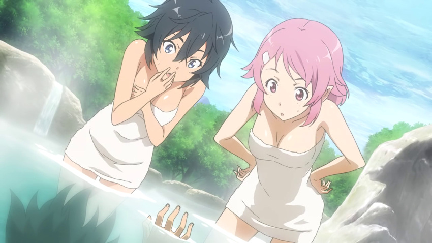 2girls black_hair blue_eyes breasts cleavage collarbone covering_mouth game_cg hand_over_own_mouth hands_on_hips lisbeth lisbeth_(sao-alo) multiple_girls naked_towel outdoors partially_submerged philia_(sao) philia_(sao-alo) pink_eyes pink_hair short_hair sword_art_online sword_art_online:_lost_song towel