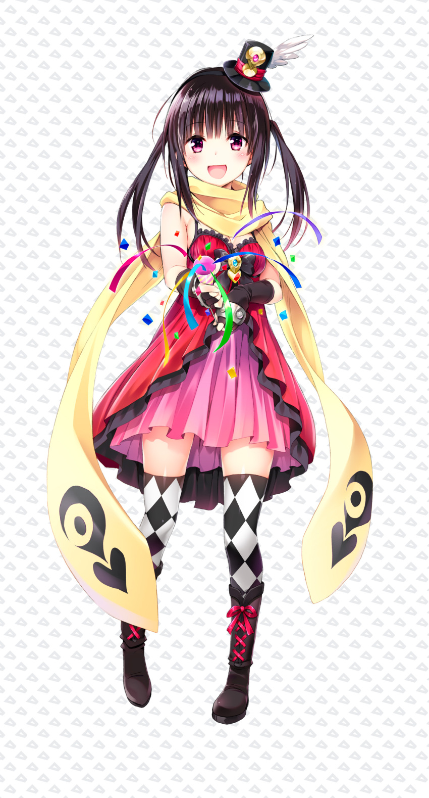 1girl :d absurdres anniversary black_bow black_hair blush boots bow confetti diamond_legwear dress gem hat hat_feather hatena_illusion highres hoshisato_kana mini_hat mini_top_hat open_mouth party_popper pink_dress red_dress red_eyes smile solo standing streamers thigh-highs top_hat twintails yabuki_kentarou zettai_ryouiki