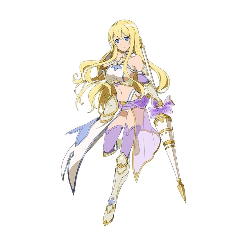 1girl alice_schuberg armor armored_boots blonde_hair blue_eyes boots highres holding holding_weapon long_hair navel official_art panties polearm purple_legwear purple_ribbon ribbon simple_background smile solo spear sword_art_online sword_art_online:_code_register thigh-highs underwear weapon white_background white_panties