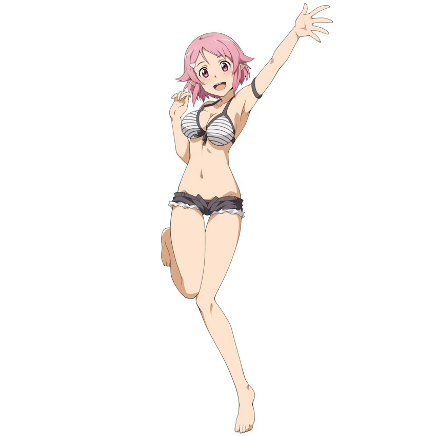 1girl arm_up armpits barefoot bikini_top breasts cleavage cutoffs front-tie_top highres lisbeth lisbeth_(sao-alo) looking_at_viewer navel official_art open_mouth pink_eyes pink_hair pointy_ears short_hair short_shorts shorts simple_background solo striped_bikini_top sword_art_online sword_art_online:_code_register thigh_gap white_background