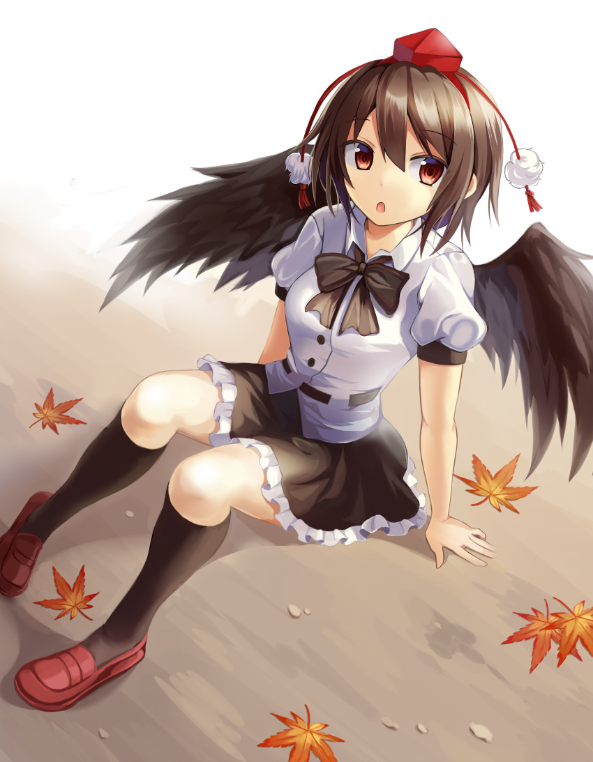 1girl absurdres black_legwear black_wings bow brown_hair dutch_angle hat highres kneehighs leaf looking_at_viewer maple_leaf miniskirt on_ground open_mouth pom_pom_(clothes) puffy_short_sleeves puffy_sleeves red_eyes shameimaru_aya shirt shoes short_hair short_sleeves sitting skirt solo string tokin_hat touhou wings yuusa
