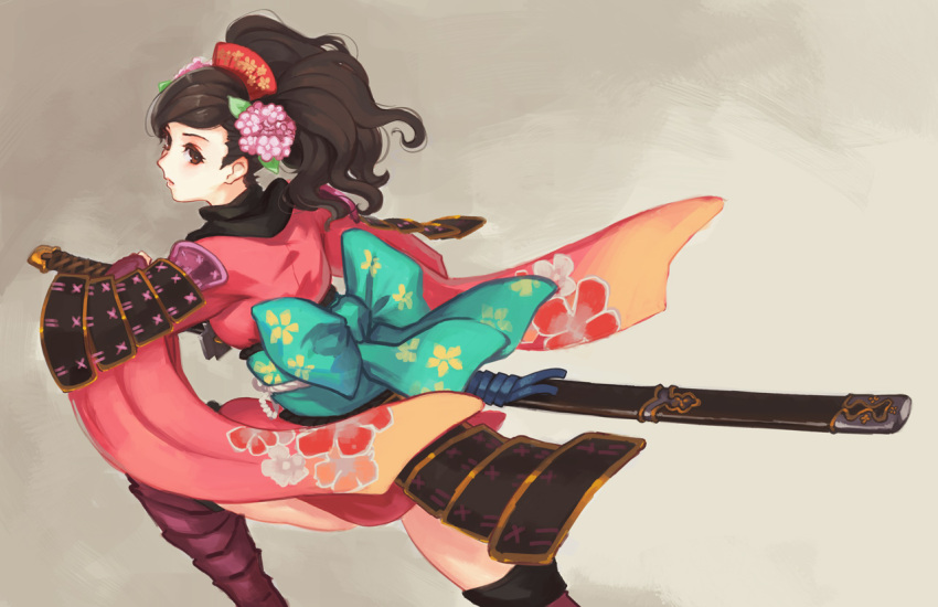 1girl armor black_hair brown_eyes comb doomfest flower from_behind hair_flower hair_ornament japanese_armor japanese_clothes katana kimono looking_back momohime oboro_muramasa sheath short_kimono solo sword thigh-highs weapon