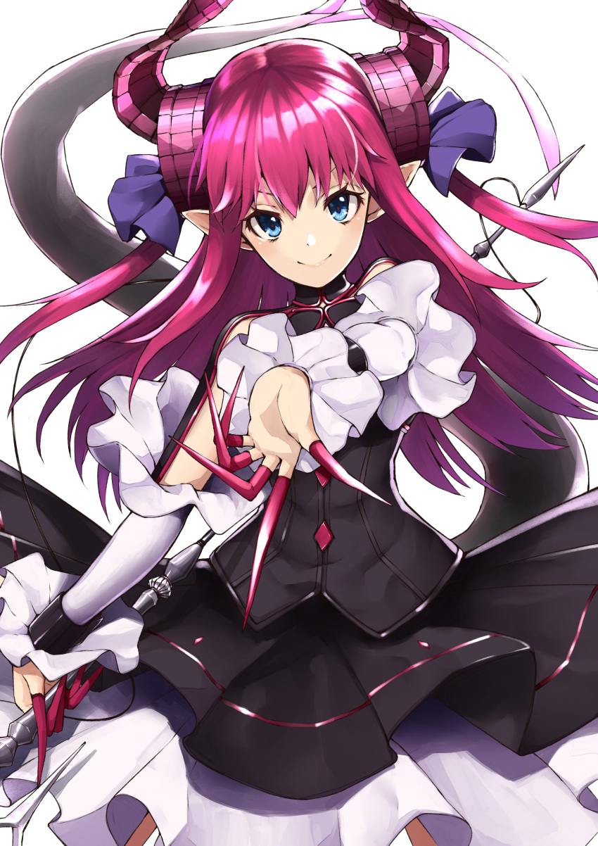 &gt;:) 1girl absurdres blue_eyes claws detached_sleeves dragon_girl dress fate/extra fate/extra_ccc fate/grand_order fate_(series) highres horns lancer_(fate/extra_ccc) long_hair pink_hair pointy_ears smile solo tail two_side_up wachiroku_(masakiegawa86)