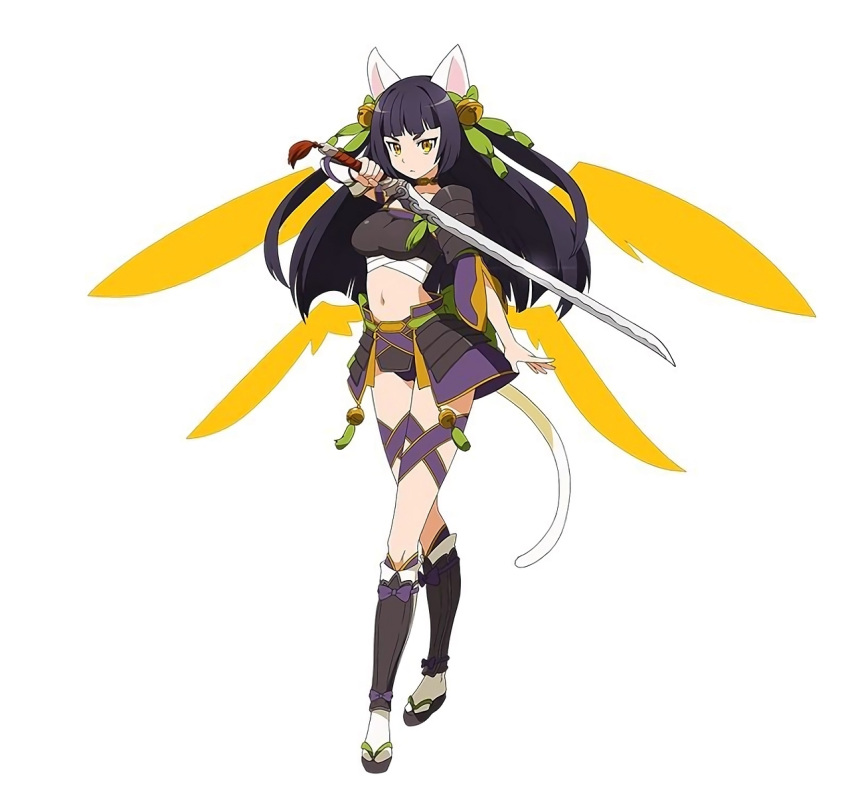 1girl animal_ears armor bandages black_hair cat_ears cat_tail character_request collarbone crop_top highres holding holding_sword holding_weapon japanese_armor katana long_hair looking_at_viewer midriff navel official_art simple_background solo sword sword_art_online sword_art_online:_code_register tail violet_eyes weapon white_background yellow_eyes