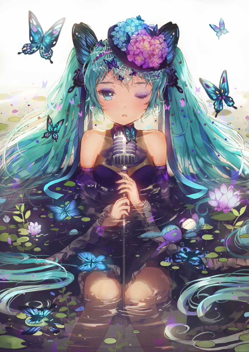 1girl ;o afloat alternate_costume aqua_hair bangs black_hat blue_eyes blue_flower blue_ribbon butterfly butterfly_hair_ornament button_eyes collarbone dangmill detached_sleeves dress eyelashes flower frills hair_ornament hair_ribbon hairband hat hat_flower hatsune_miku highres holding hydrangea lily_pad long_hair looking_at_viewer makeup microphone_stand nail_polish one_eye_closed partially_submerged purple_nails ribbon ripples see-through silk sitting solo spider_web stuffed_animal stuffed_bunny stuffed_toy vocaloid water