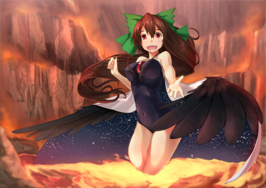 1girl black_wings brown_hair cape covered_navel hair_ribbon highres kanzen_bouon long_hair looking_at_viewer molten_rock one-piece_swimsuit open_mouth red_eyes reiuji_utsuho ribbon smile solo swimsuit third_eye touhou wading wings