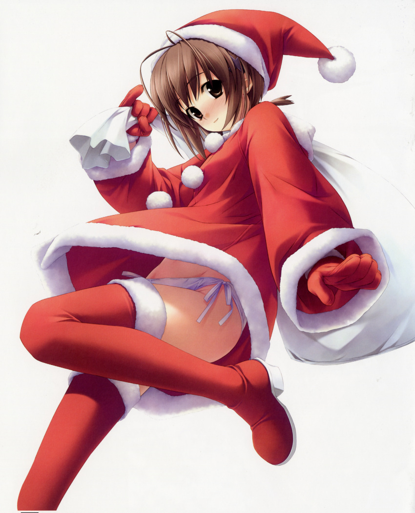 1girl amatsume_akira boots bow brown_eyes brown_hair gloves groin hashimoto_takashi hat highres panties red_bow red_gloves red_hat santa_boots santa_hat side-tie_panties solo underwear white_background white_legwear yosuga_no_sora